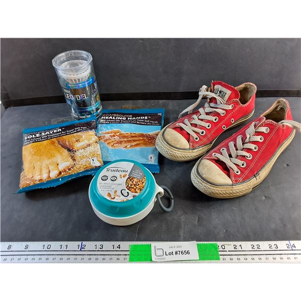 Sole Saver & Healing Hands, Dimmable LED Light Bulb, Dry Snack Container and Converse Shoes - Size 5