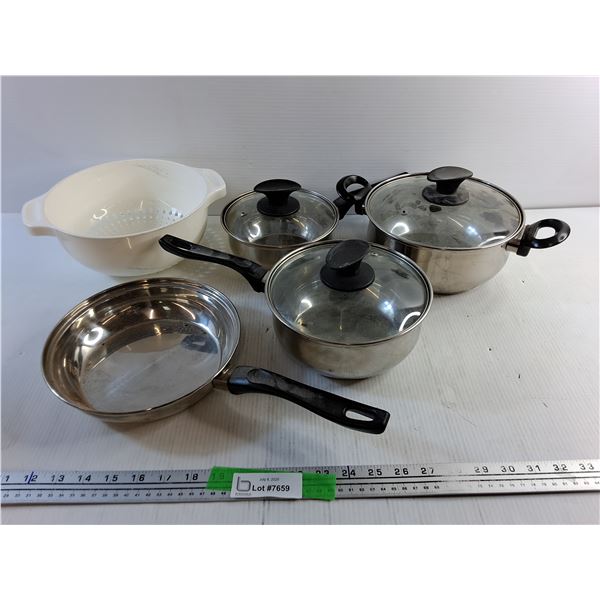 Various Cooking Pots with Lids & Frying Pan and Plastic Strainer