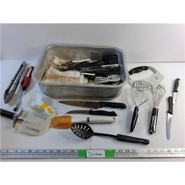 Tongs, Spatula, Whisk, Kitchen Knives, Potato Masher, Measuring Cups and Misc