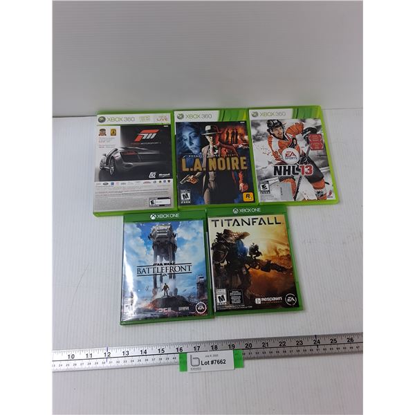 (5) XBox Games - L.A. Noire, Battlefront, NHL 13, Misc