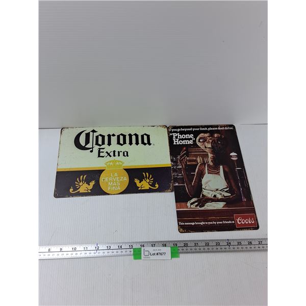 (2) Metal Novelty Signs - Corona Extra 12'' x 8'', Coors Beer  Advertisement 8'' x 12''
