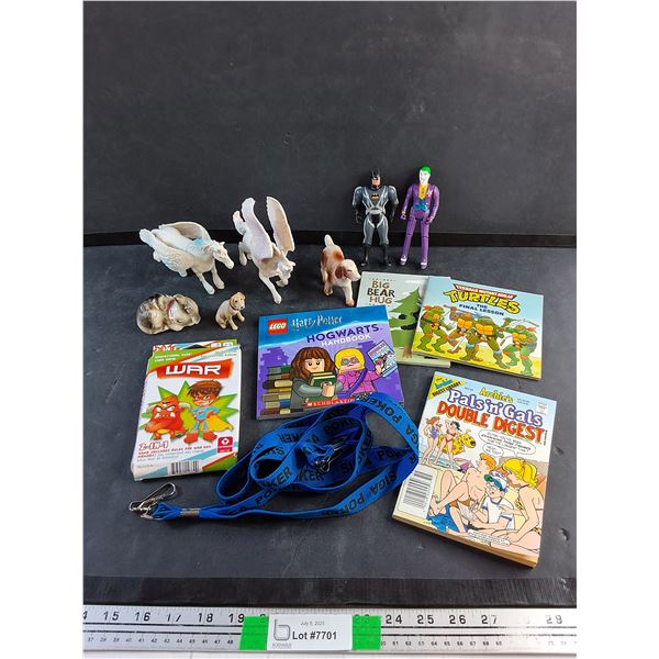 Various Animal Ornaments, Various Kids Books, Batman and Joker Figures and Siga Poker Strap