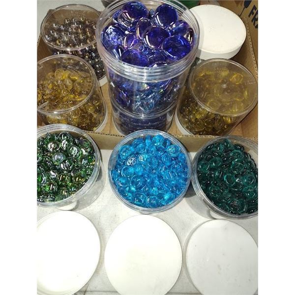 GLASS FLAT STONES AND GLASS MARBLES, USA MADE, ASSORTED SIZES AND COLORS (APPROX. 3lb's)