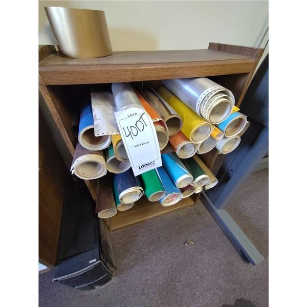 LOT OF NEW VINYL SIGN MATERIALS W/WOOD STAND