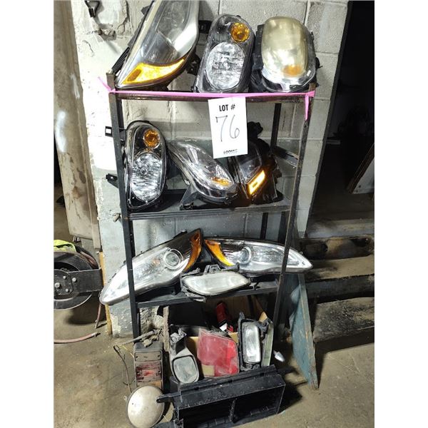 LARGE BUNDLE OF HEAD LIGHT UNITS & METAL SHELF