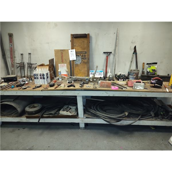 HUGE TABLE TOP OF ASSORTED TOOLS & INVENTORY