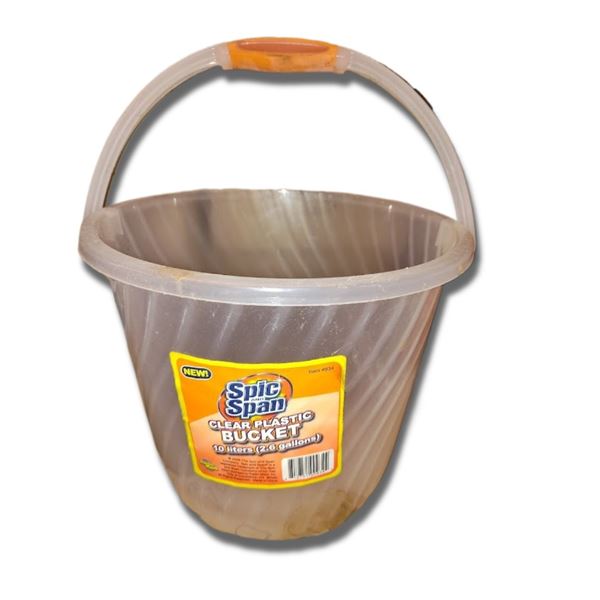 2.6 GALLON CLEAR SPIC & SPAN BUCKET-APPROX. $107.88 LOT VALUE