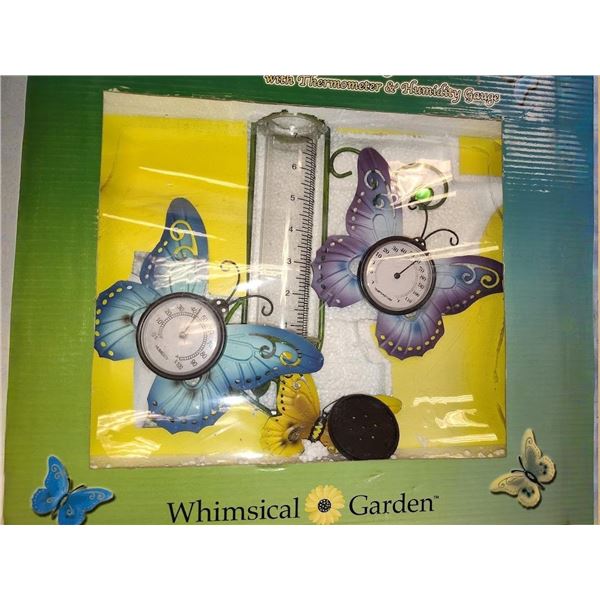 WHIMSICAL GARDEN BUTTERFLY RAIN GAUGE W/ THERMOMETER - RETAIL $35.00