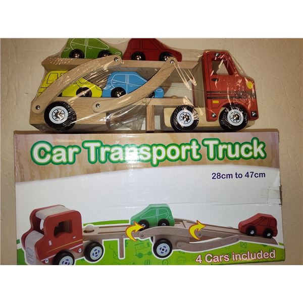 WOODEN CAR TRANSPORT TRUCK- RETAIL APPROX. $29.96