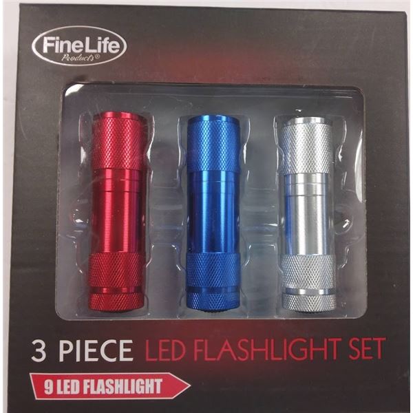 FINELIFE 3 PIECE LED FLASHLIGHT SET - RETAIL $15.00