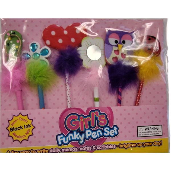 GIRLS FUNKY PEN SET/ PACK OF 6 FUNKY PENS/ BLACK NON TOXIC INK: COMP $19.95