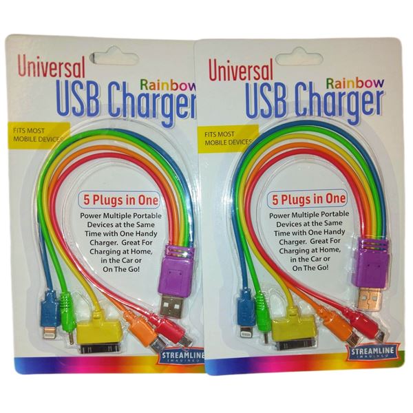 SET OF 2 UNIVERSAL USB CHARGER RAINBOW - 5 PLUGS IN 1 - RETAIL $13.00 EACH