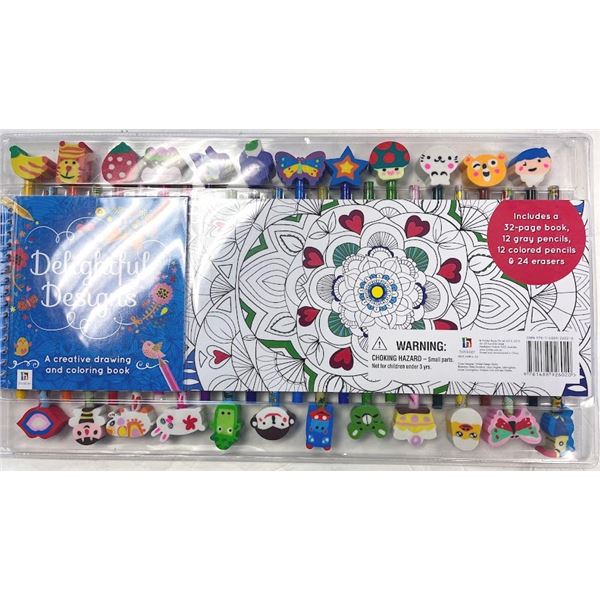 DELIGHTFUL DESIGNS  COLORED PENCILS WITH CARTOON ERASERS AND COLORING BOOK - RETAIL VALUE : $19.99