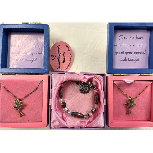 SET OF 3 GIFT BOX JEWELRY / GRANDDAUGHTER BRACELET AND 2 FAIRY NECKLACES