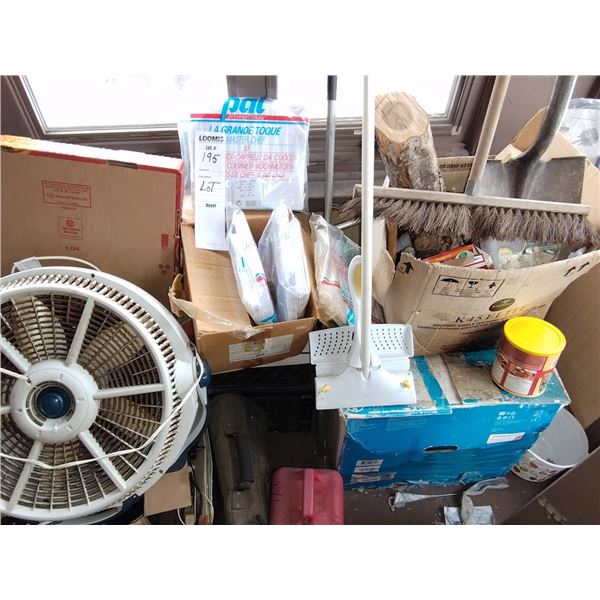 REAR PORCH LOT WITH SHOVEL, FAN, AND OTHER ITEMS