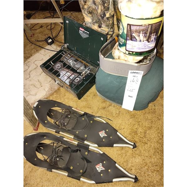 SPORTSMAN LOT WITH NEW BLANKET, SHOWSHOES, STOVE, AND OTHERS