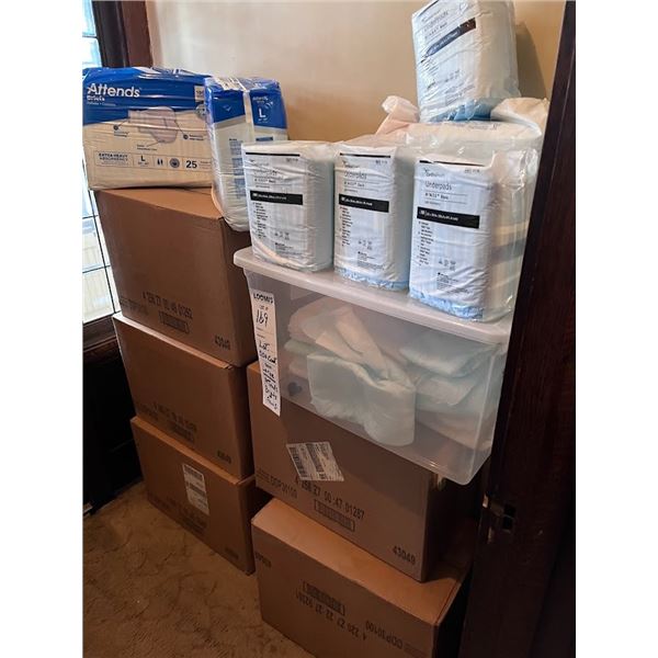 APPROX. 550 NEW LARGE ADULT BRIEFS AND PADS