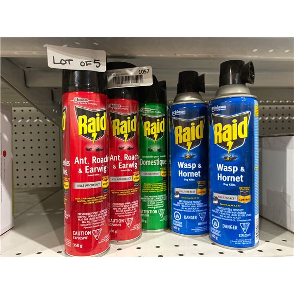 Lot of 5 Raid Insect Killer Sprays (Ant, Roach, Wasp, and Home Defense)