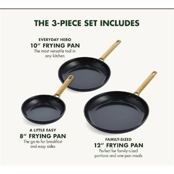 3 Greenpan Non-Stick Frying Pans With Gold-Tone Handles
