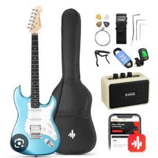 Donner DST-152B Electric Guitar with Mini Guitar Amplifier and Case
