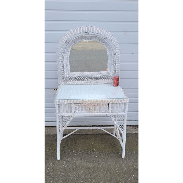 White Glass Top Whickered Vanity Table w/ Mirror & Drawer