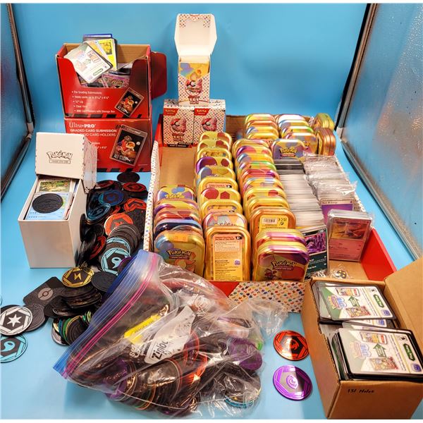 Large Lot Of Pokémon Tins, Cards & Tokens
