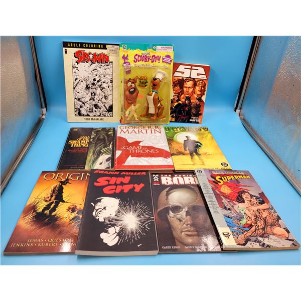 Scooby-Doo Action Figure & Lot Of Books (Superman, Spawn, Sin City)