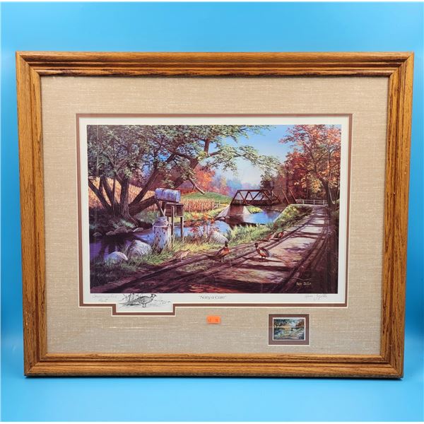 Wooden Framed "Nary a Care" Commemorative Print By Ken Zylla w/ Stamp