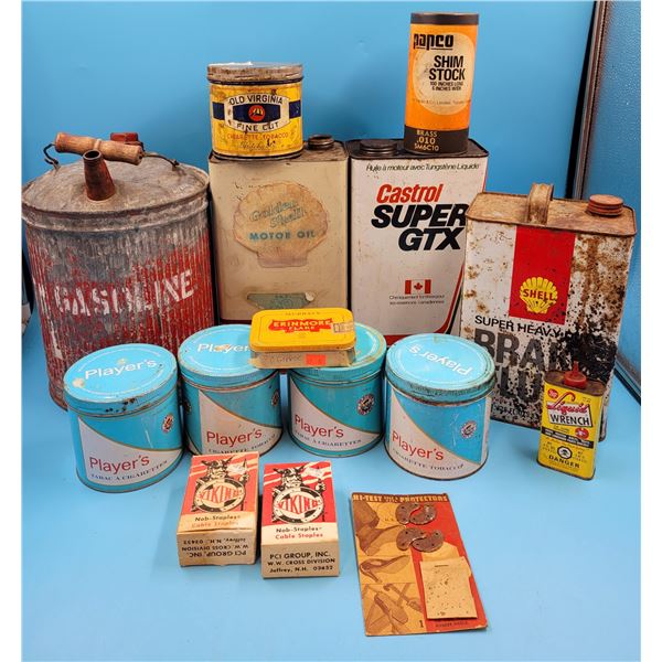 VTG Oil Cans, Gasoline Can, Player's Tobacco Tins, Old Virginia Tobacco Tins & Tin Lot