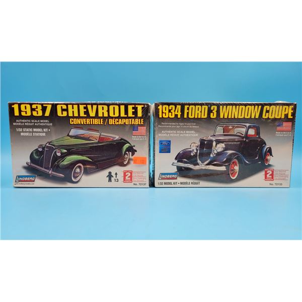 Sealed Lindberg 1937 Chevrolet Convertible & 1934 Ford 3-Window Coupe 1:32 Scale Model Kits