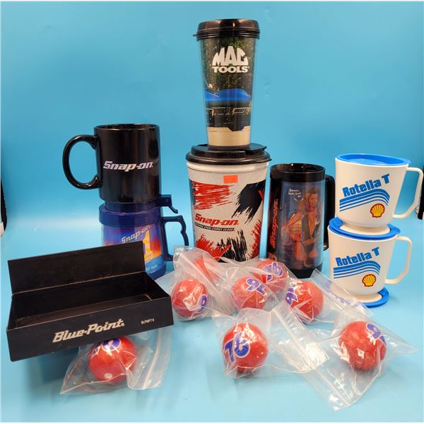 Lot Of Mugs, Steins Including Snap-On, 76 Balls & Blue-Point Magnetic Parts Tray