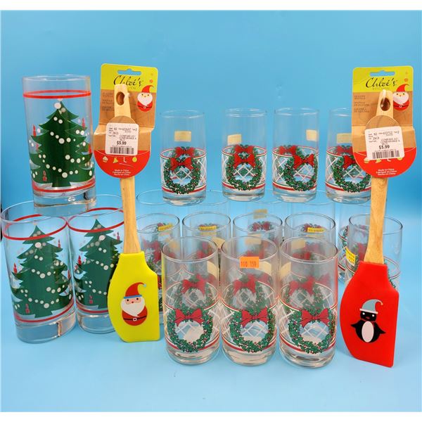 Lot Of Christmas Themed Glasses & Two Chloe's Silicone Spatula