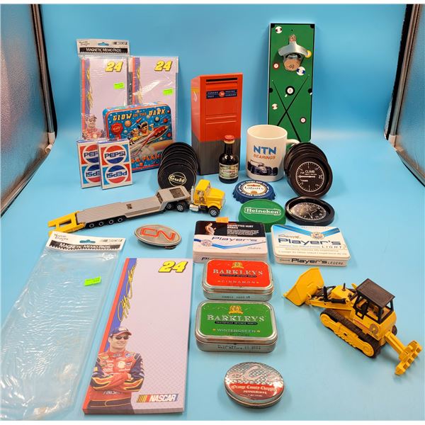 Collectibles Lot w/ Player's Cigarette Tins, Mailbox Coin Bank, Nascar Memo Pads, & More