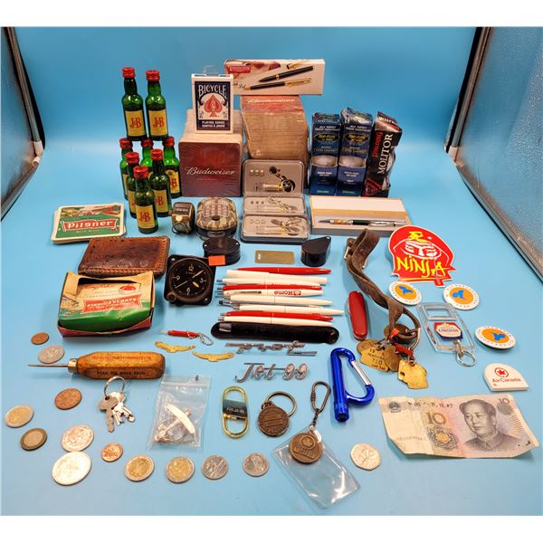 VTG Smalls Lot w/ Beer Advertising Coasters, Golf Balls, Coins, Airplane Emblems, & More