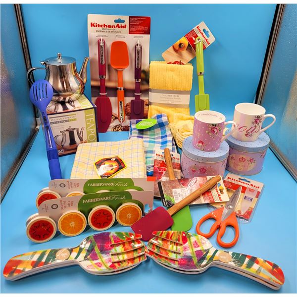 Assorted Kitchen Lot w/ Fruit Bag Clips, Kitchen-Aid Utensils, Tea Towels, & More