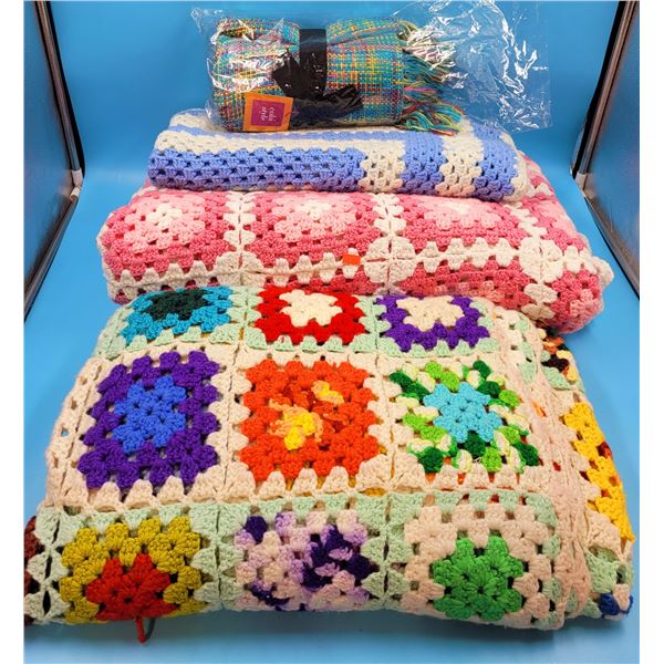 3 Crocheted Blankets & 1 Woven Blanket