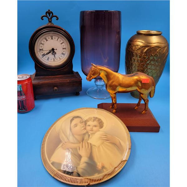 VTG Decor Lot w/ Mantle Clock, Brass Vase, Metal Horse, & More