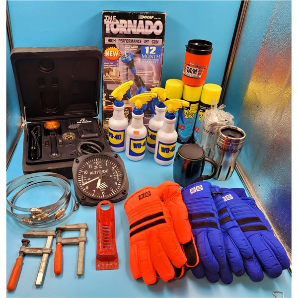 Assorted Tool & Hardware Lot w/ Invisible Glass Cleaner, NAPPA Gloves, Tornado Jet Gun, & More
