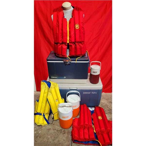 Camping Lot w/ Coleman Drink Coolers, Coleman Coolers, & Life Jackets