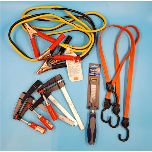 Tool Lot w/ Mastercraft Chisel, Jumper Cables, Clamps, & Bungee Cords