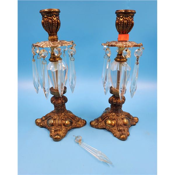 2 Brass Candleholders w/ Crystal Accents