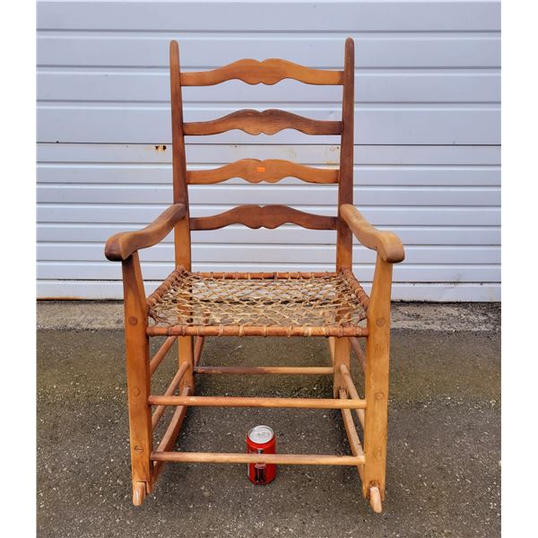 Antique Wooden Woven Hide Seat Rocking Chair