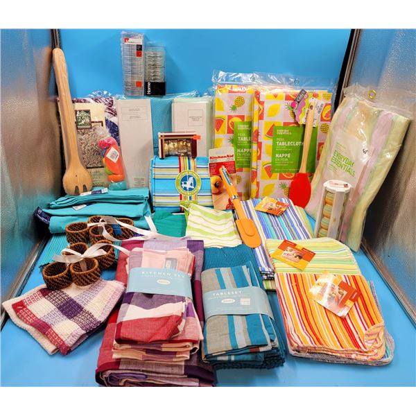 New Tea Towels, Table Cloths, Kitchen Towels, Candle Holders, Utensils & Kitchen Lot