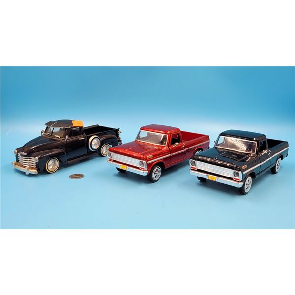 2 '69 Ford F-100 Pickups & '53 Chevrolet 3100 Diecast Models
