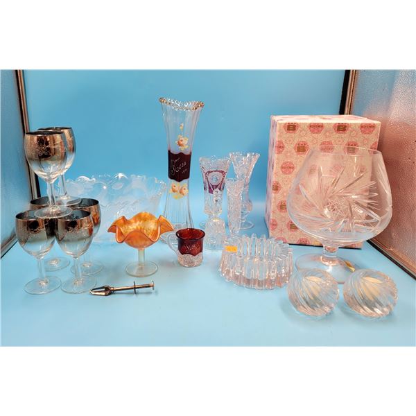 Lot Of Wine Glasses, Candle Holders, Vase & Crystal Lot