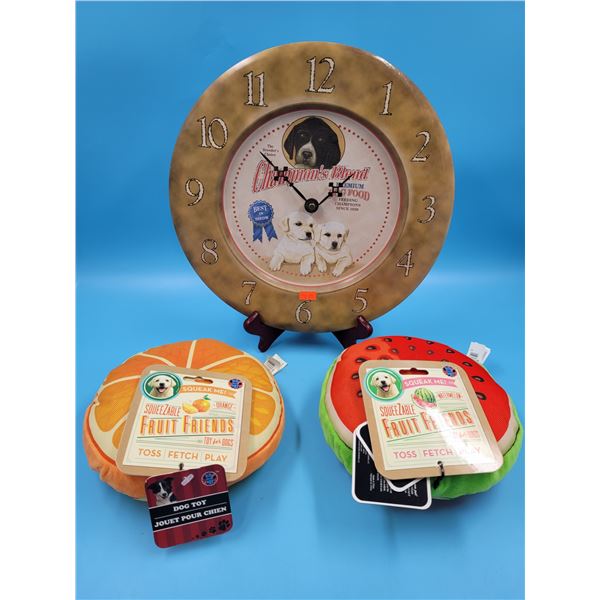 Champion's Blend Dog Food Advertising Clock & 2 Fruit Dog Toys