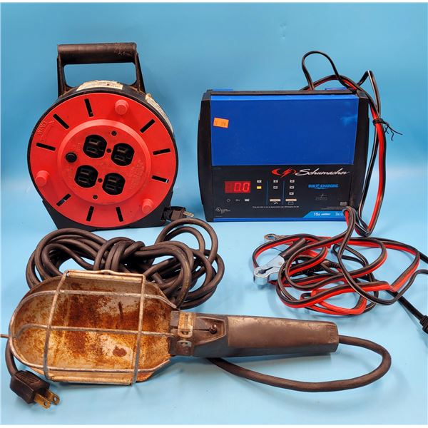 Schumacher Electric Fully Automatic Battery Charger, Extension Reel & Work Light