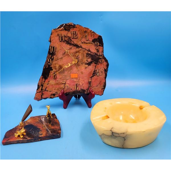 VTG Alabaster Ashtray & Stone Slab Clock & Pen Holder
