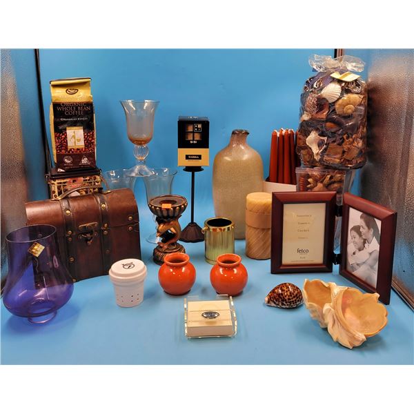 Home Decor Lot w/ Potpourri, Picture Frame, Vases, Candleholders, & More