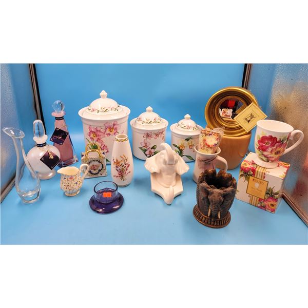 Ceramic & Glass Lot w/ Kitchen Jars, Vases, Floral Mug, & More